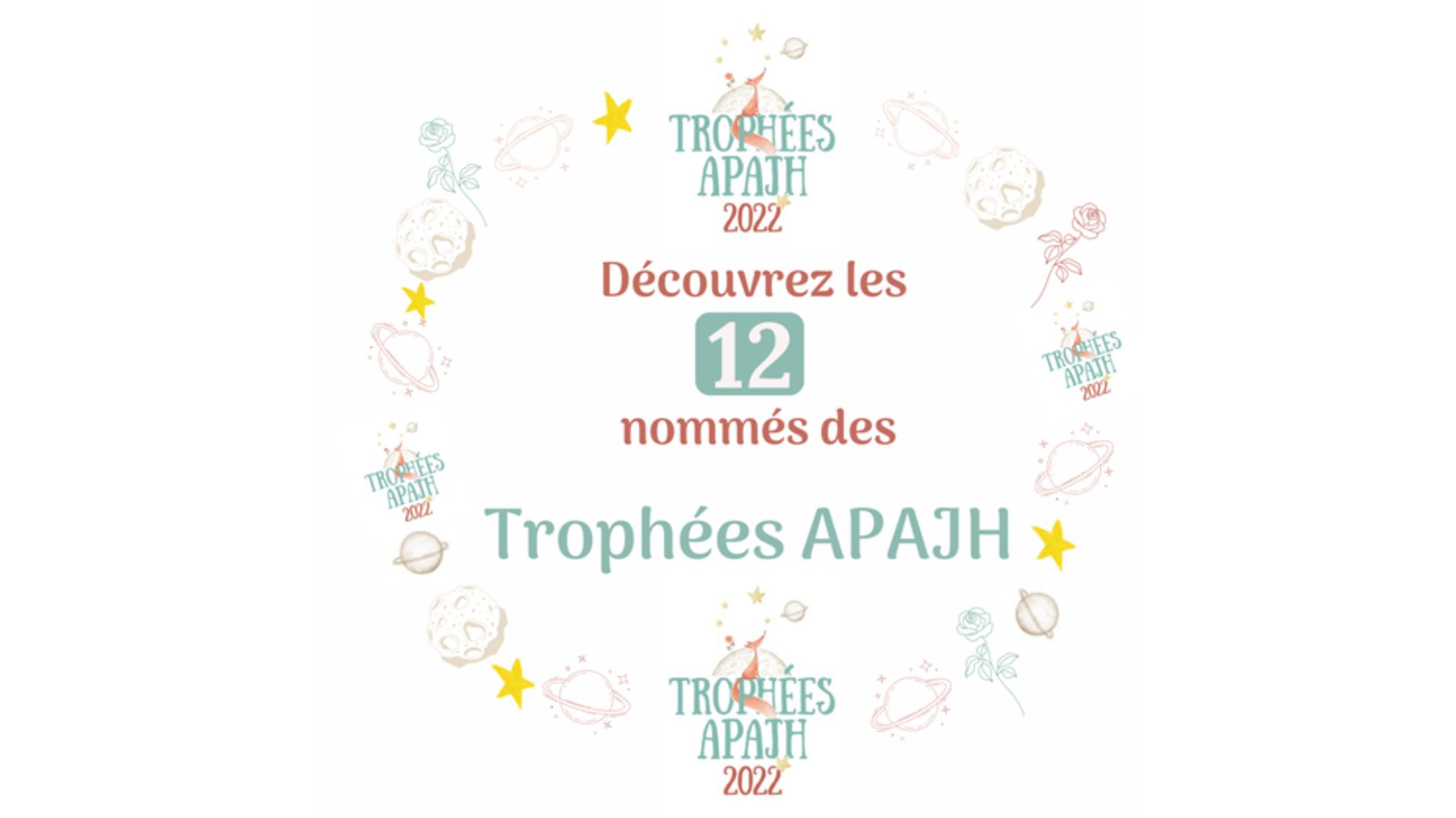 Visuel avec le logo des Trophées APAJH et le texte Découvrez les 12 nommés des Trophées APAJH 2022